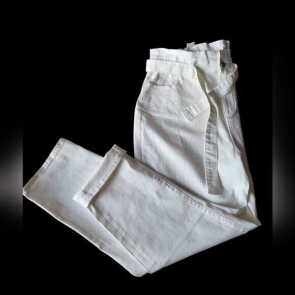 Paper Bag Mom Jeans Belted White Denim Esqualo Size 12 - Picture 6 of 13